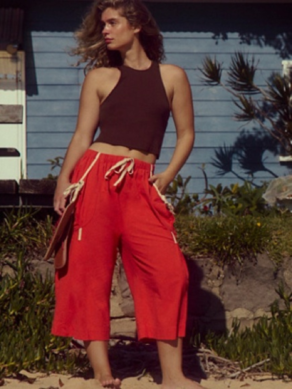 Free People Red Cropped Wide-Leg Drawstring Capris